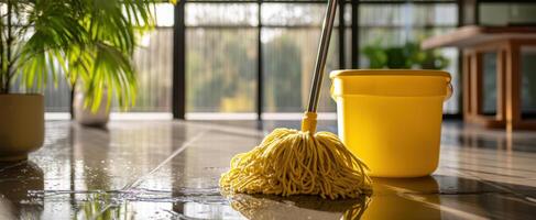 The vibrant yellow mop and bucket in a bright, clean living space. photo