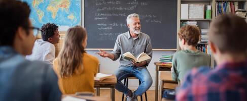 The teacher engaging students with a captivating storytelling session in the classroom. photo