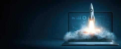 The Rocket Launching from a Laptop Surrounded by Clouds and Data Graphics photo