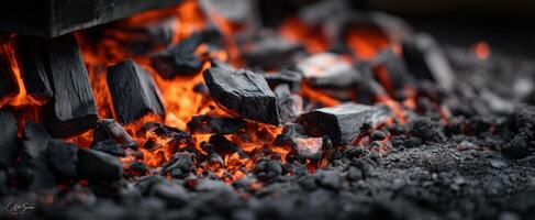 The glowing embers of burning charcoal in a rustic outdoor setting. photo