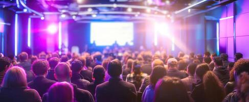 The engaging audience at a modern conference with vibrant lighting and discussions. photo