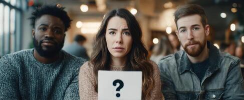The three friends express confusion while contemplating a question at a cafe. photo