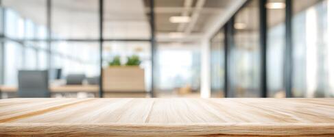 The wooden desk in a modern office space with a bright ambiance. photo