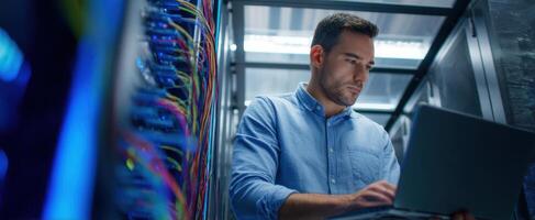 The technician working on a laptop in a modern server room environment. photo