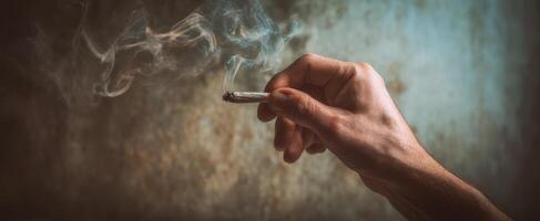 The hand holding a joint surrounded by swirling smoke in a moody setting. photo