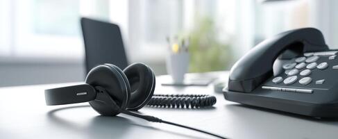 The modern headset and telephone on a sleek office desk for effective communication. photo
