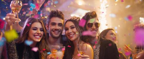 The joyful group celebrating with drinks amidst a vibrant party atmosphere. photo