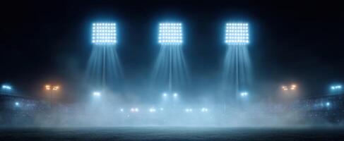 The illuminated stadium glowing under night skies with dramatic fog and lights. photo