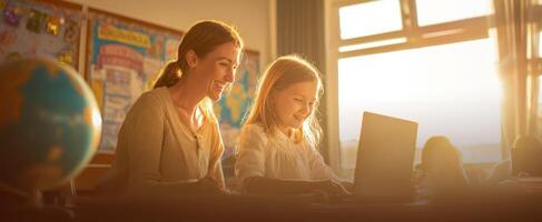 The mother and daughter enjoying a collaborative learning experience with a laptop. photo