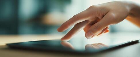 The Hand Engaging with a Touchscreen Tablet in a Modern Workspace photo
