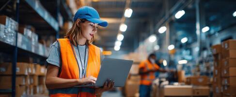 The warehouse worker using a laptop for inventory management in a busy distribution center. photo
