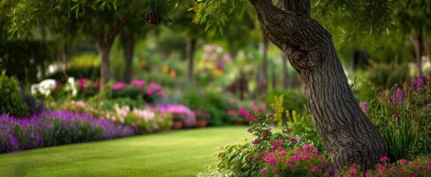 The vibrant garden showcasing a beautifully arranged landscape filled with flowers and greenery. photo