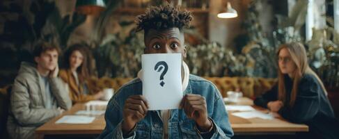 The Individual Holding a Question Mark Sign in a Thought-Provoking Situation photo