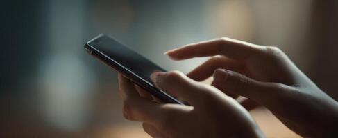 The hands using a smartphone in a modern digital environment. photo