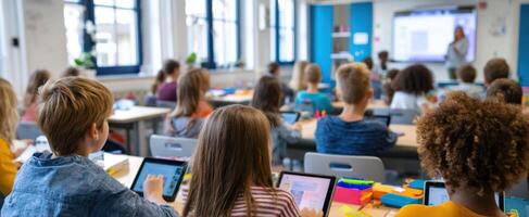 The classroom filled with engaged students using tablets for dynamic learning experiences photo