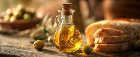 The elegant olive oil bottle beside freshly baked bread and olives. photo