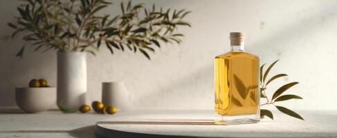The elegant olive oil bottle surrounded by natural elements and soft lighting. photo