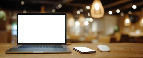 The modern laptop and smartphone on a wooden desk in a cozy cafe setting. photo