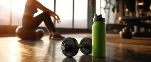 The dumbbell and water bottle create a dynamic workout environment in a gym. photo