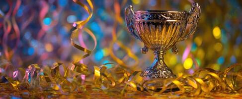 The ornate trophy shining brightly amidst colorful festive decorations. photo