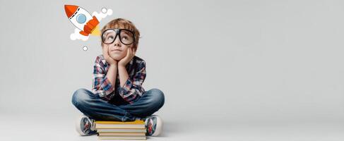 The thoughtful boy dreams of adventures with a rocket in his imagination. photo