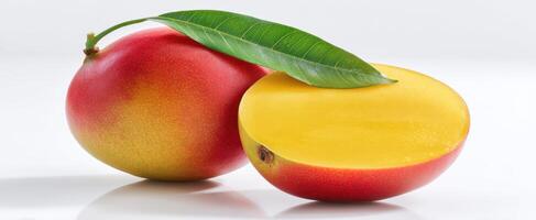 The vibrant mango with a fresh green leaf and a sliced half photo