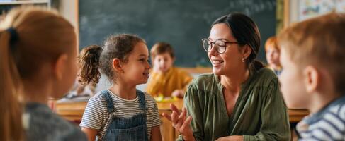 The teacher engaging with young students in a vibrant classroom setting. photo