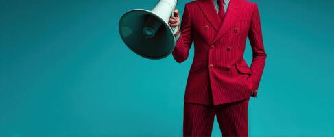 The confident man in a striking red suit holding a megaphone. photo