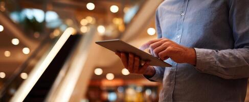 The Businessman Using a Tablet in a Modern Shopping Mall Environment photo