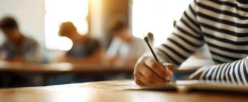 The student engaged in writing notes during an academic session. photo
