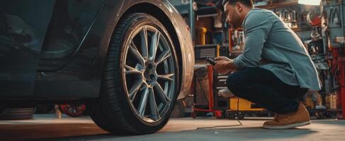 The man checking the tire pressure in a modern automotive workshop. photo