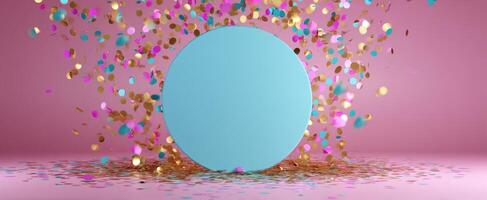 The colorful confetti explosion around a vibrant, round blue object. photo