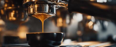 The espresso extraction process showcasing rich brown coffee flowing into a cup. photo