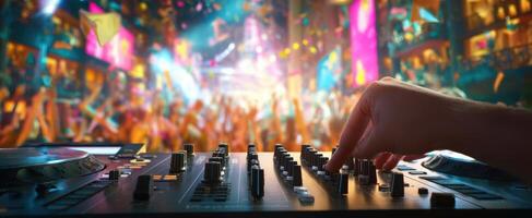 The DJ controlling the mixer amidst a vibrant party atmosphere. photo
