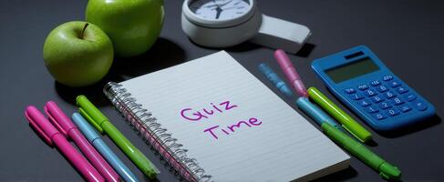 The vibrant study scene featuring a quiz time notebook and educational tools. photo