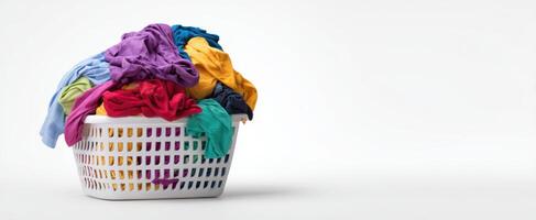 The overflowing laundry basket filled with colorful clothes awaiting wash. photo