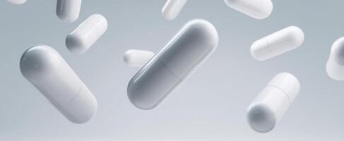 The floating white capsules illustrating modern pharmaceutical innovation and health enhancement. photo