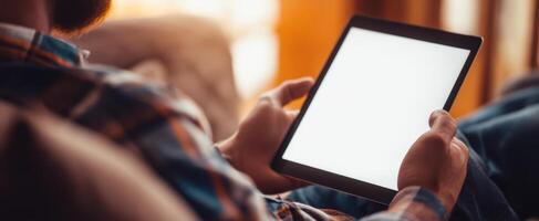 The tablet held by a person relaxing in a cozy indoor setting. photo