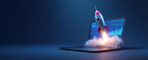 The rocket launching from a laptop symbolizes innovative business growth and success. photo