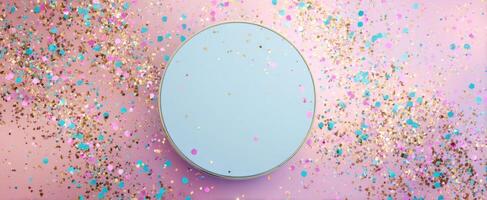 The round pastel plate surrounded by colorful confetti on a pink background photo