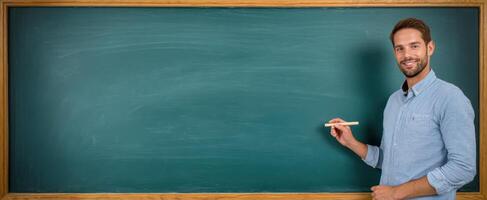 The teacher demonstrating confidence while standing beside a blank chalkboard. photo