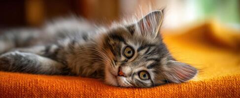 The adorable kitten resting on a warm orange blanket in a cozy home setting. photo