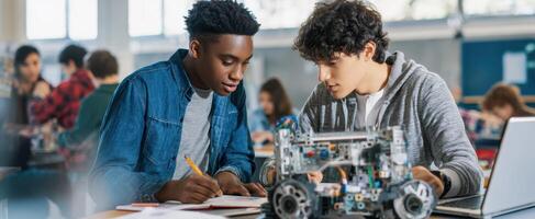 The students collaborating on a robotics project in a classroom setting. photo