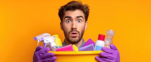 The surprised man holding a bucket full of colorful cleaning supplies. photo