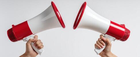The megaphones held high in hands ready for a powerful announcement photo