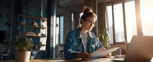 The woman reviewing documents in a bright and modern workspace. photo