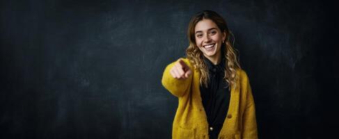 The joyful woman pointing and smiling in a cozy yellow sweater. photo