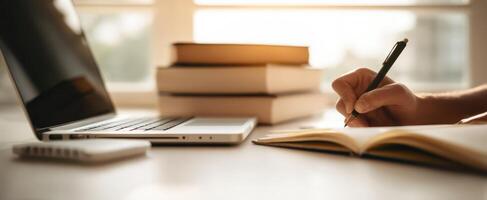 The workspace featuring a hand writing in a notebook beside a laptop and books. photo