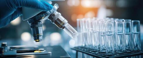 The microscope examining test tubes in a modern laboratory environment. photo