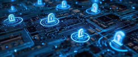 The digital network showcasing cybersecurity locks on a circuit board. photo